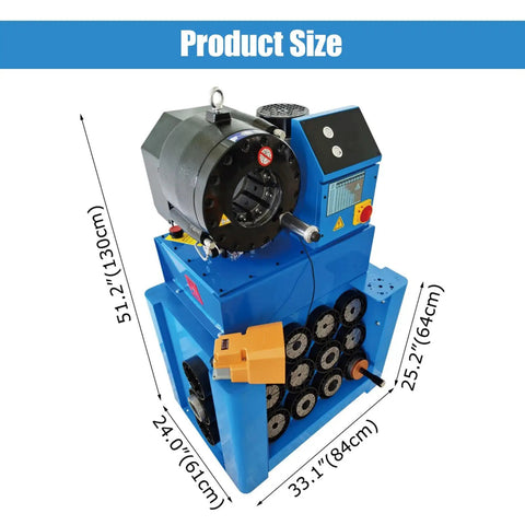 Built Tough 220V Electric Hydraulic Hose Crimping Machine With Thirteen Alloy Steel Die Sets For Rubber Hose Fitting Half Inch To Two Seventy Two Inch Range Quick Setup And Shop Grade Durability, side view displaying dimensions.