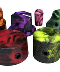 Colorful guitar knobs in resin with fluorescent swirls, featuring the Blue Resin Dome Guitar Knob Dope Upgrade One Quarter Inch For Electric And Acoustic Guitars, Easy Install, Handcrafted Durable One Piece Replacement, Random Fluorescent Swirl Through Deep Black Resin For A Totally Unique Look.