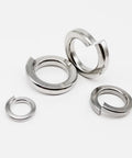 1035-Piece Stainless Steel Split Lock Washer Set With M1.6 Through M16 Sizes, 304 Grade Stainless, Heavy-Duty Assortment Kit To Prevent Nuts And Bolts From Loosening Under Vibration, Includes Elastic Gasket, Great For Auto, Bike, And DIY Projects. close-up of stainless split lock washers