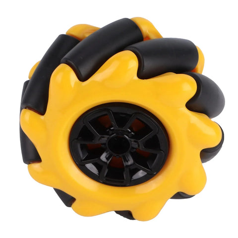 Mecanum wheel for geared motor, close-up view of yellow wheel with black rubber rollers, 60mm diameter