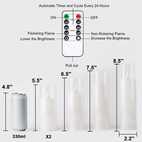Set Of 5 Battery Operated Flameless LED Pillar Candles With Acrylic Shell, Remote Control, Various Heights Comparison to Soda Can