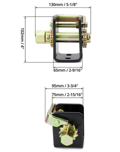 Heavy Duty Lashing Winch Set For Trucks 2 Pack Left Right Fits 2 Inch Webbing Steel Bolt On Weld On Track Tie Down Winches Built Tough With 5500 Lbs Working Load Limit For Flatbed Tow Dolly Straps, dimensions shown