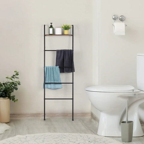 Versatile Blanket And Towel Ladder With Shelf Wall Leaning Black Iron Rack for bathroom with towels and decor items on shelves