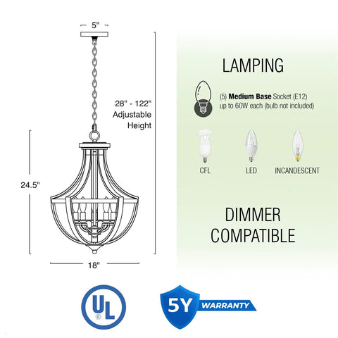 Diagram of a Five Light Rustic Modern Foyer Chandelier With Reclaimed Oak Wood Finish And Black Metal Frame, dimensions and features shown.