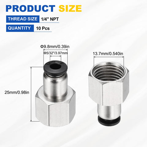 10 Pack Push To Connect Fittings For 5/32 Inch Tube To 1/4 NPT Nickel Plated Brass Straight Pneumatic Female Adapters Black Fast Connect
