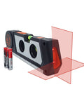 All In One Laser Level Line Tool With Tape Ruler, 3 Mode Laser Line Projection, Built In Bubble Level, No Fuss 4 In 1 Measuring Tool For Quick And Easy DIY Projects, Accurate Wall Alignment For Cabinets, Pictures, And More. black plastic laser level with tape ruler and red line projection