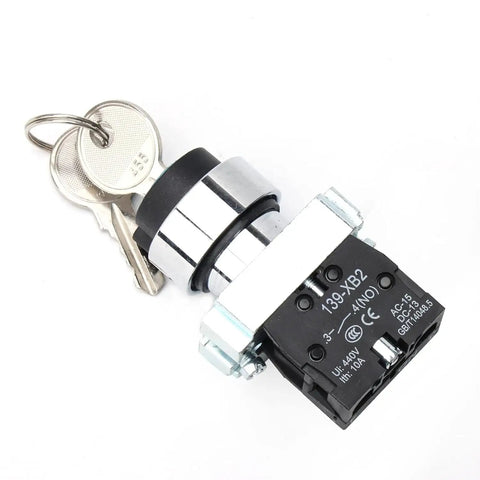 Two Position Maintained Key Switch 1NO Latching Rotary Panel Mount 10A 440V Beefy Built To Last 22mm Key Switch With Nonflammable Plastic Housing For Industrial Equipment XB2 10Y 21 Series featuring zinc alloy body and keys