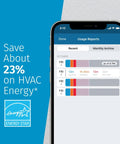 Smart Thermostat With Color Touchscreen WiFi And Mobile App Control Easy DIY Install Privacy Protected Data Works With Alexa Energy Star Certified C Wire Required Black ST75 displaying energy usage and savings on smartphone screen.