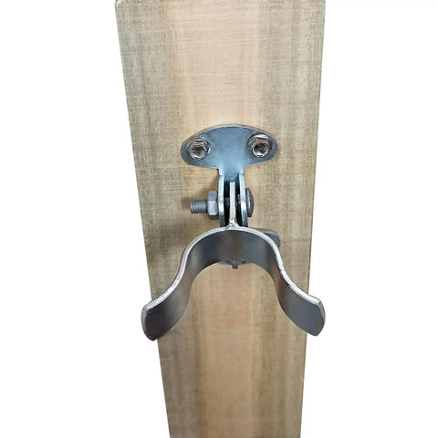 1 3 8 Inch Flat Back Wall Mount Fork Gate Latch For Chain Link Fence Posts, Rust Resistant Galvanized Steel, mounted on wood