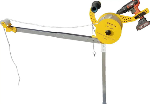 Drill Powered Wire Tugger For Electricians With 800 Pound Pull And 1 To 30 Gearbox mounted on stand with cable outlet