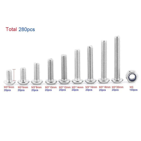 Heavy Duty M3 Hex Socket Button Head Screws 304 Premium Grade Stainless Steel 280 Piece Assortment with various sizes.
