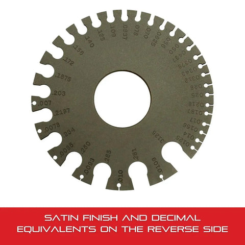 Circular tool showing US Standard Gage Nos 0-36 Range for sheet metal and plate iron, hardened steel with satin finish.
