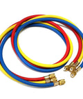 Pro Grade Refrigerant Charging Hoses With Diagnostic Manifold Gauge Set For R410A R22 R404 Refrigerants, Sixty Inch Color Coded Hoses In Red Yellow Blue With Two Quick Couplers, Durable High Pressure Easy To Use HVAC Tool Kit. 60in color coded refrigerant hoses with brass quick couplers