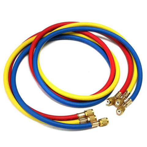 Pro Grade Refrigerant Charging Hoses With Diagnostic Manifold Gauge Set For R410A R22 R404 Refrigerants, Sixty Inch Color Coded Hoses In Red Yellow Blue With Two Quick Couplers, Durable High Pressure Easy To Use HVAC Tool Kit. 60in color coded refrigerant hoses with brass quick couplers