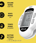 Ultra Portable Mini Rechargeable Digital Metronome With Speaker For Piano Guitar Saxophone Flute Violin Drums 30 To 260 BPM Tempo Range 9 Rhythm Settings Digital Volume And Beat Adjust Clip On Practice Metronome 16 Hour Battery White showing LCD display with tempo and beat settings on yellow background