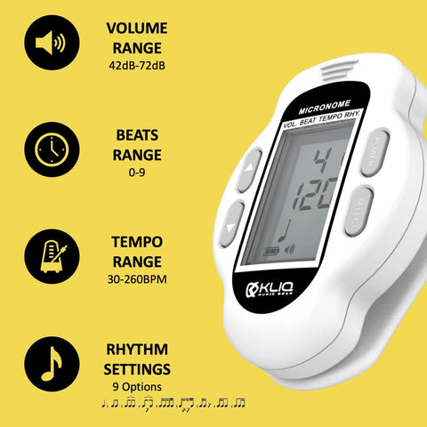 Ultra Portable Mini Rechargeable Digital Metronome With Speaker For Piano Guitar Saxophone Flute Violin Drums 30 To 260 BPM Tempo Range 9 Rhythm Settings Digital Volume And Beat Adjust Clip On Practice Metronome 16 Hour Battery White showing LCD display with tempo and beat settings on yellow background