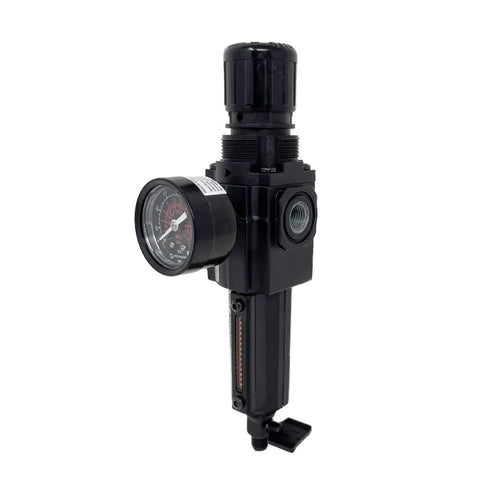 Rock Solid Combo Filter Regulator With One Quarter Inch Npt Connection And Knurled Dial For Sweet Pressure Control Featuring No Fuss Manual Quarter Turn Drain And Built Tough Short Metal Bowl That Keeps Compressed Air Crisp