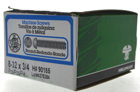 8-32 Thread By 3/4 Inch Round Head Combo Machine Screws, Zinc Plated Steel Fasteners packaging view.