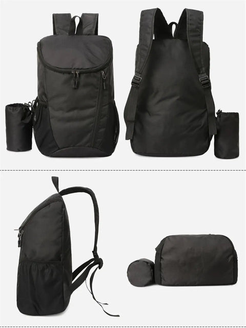 Ultralight Foldable Backpack For Hiking And Cycling Portable Travel Rucksack With Wide Main Compartment Multiple Pockets Water Resistant Nylon Bag For Outdoor Adventure Black shown front, back, side, and folded