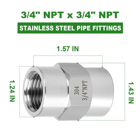 3/4 inch NPT x 3/4 inch NPT coupling with dimensions, 2 Pack 3/4 Inch 304 Stainless Steel Pipe Fittings Coupling Forged Female NPT To Female NPT For Plumbing And Industrial Use High Strength Corrosion Resistant Easy Install