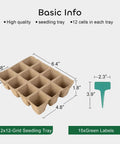 Diagram of 144 Cell Biodegradable Seed Starter Trays in a 12 Pack Includes 15 Plant Labels with dimensions for indoor gardening