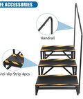Heavy Duty Three Step RV Stair With Solid Handrail Steel Frame Rated For 600 LBS Load Capacity showing anti-slip strips and handrail.