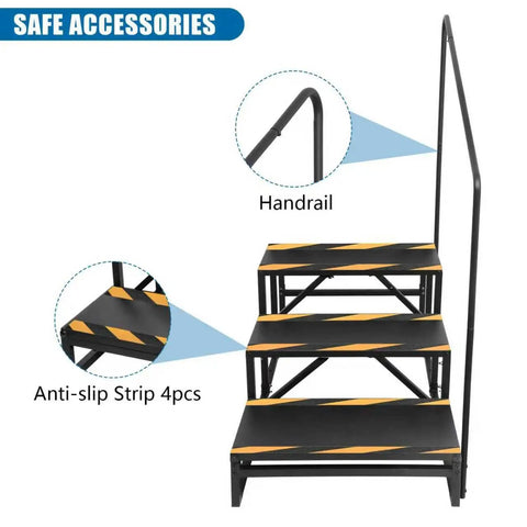 Heavy Duty Three Step RV Stair With Solid Handrail Steel Frame Rated For 600 LBS Load Capacity showing anti-slip strips and handrail.