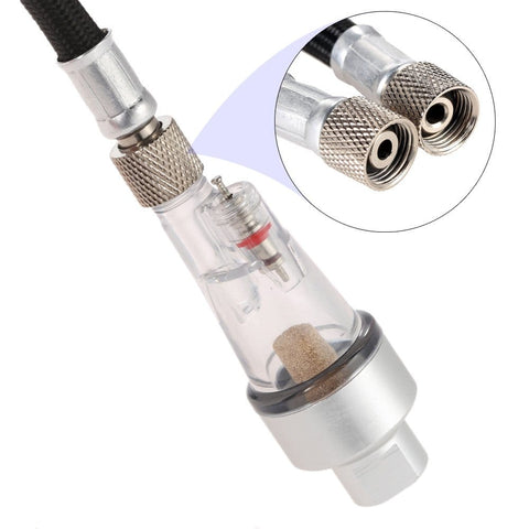 Inline Airbrush Filter With Five Micron Water Moisture Trap And Oil Separator With One Eighth Inch Threads, silver connector