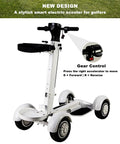 Solid Upgrade Foldable Electric Golf Cart With Plush Ride Seat And Heavy Duty Umbrella Bracket Beast Mode Dual Motor Effortless Glide All Day Juice Pack Premium White, showing gear control and sleek design.