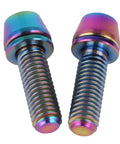 Solid Ride Ready Grade Five Titanium Hex Drive Bolts With Matched Lock Washers M5 X 16 18 20 Millimeter showing colorful tapered nose design.