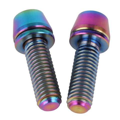 Solid Ride Ready Grade Five Titanium Hex Drive Bolts With Matched Lock Washers M5 X 16 18 20 Millimeter showing colorful tapered nose design.