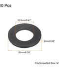 M10 Flat Washer Set Beefy Black Oxidized Carbon Steel 10 Pcs, 20x2mm dimensions shown, fits M10 bolts, heavy duty hardware.