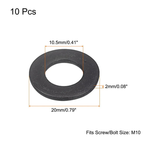 M10 Flat Washer Set Beefy Black Oxidized Carbon Steel 10 Pcs, 20x2mm dimensions shown, fits M10 bolts, heavy duty hardware.