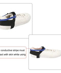 ESD Grounding Kit With 10 Pcs Anti Static Foot Heel Straps And Wrist Strap Band Adjustable Buckle Type For Quick Static Discharge And Safe Grounding On Your Workbench Black And White on a shoe showing conductive stripe contact.
