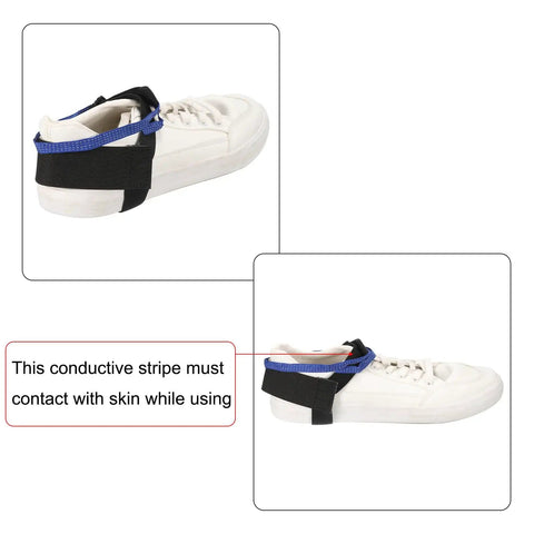 ESD Grounding Kit With 10 Pcs Anti Static Foot Heel Straps And Wrist Strap Band Adjustable Buckle Type For Quick Static Discharge And Safe Grounding On Your Workbench Black And White on a shoe showing conductive stripe contact.