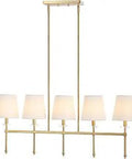 Brass Gold 38.5 Inch 5 Light Linear Pendant Chandelier With White Linen Shades For Kitchen Island And Dining Room Modern Midcentury Look LED Bulbs Included Must Have Home Lighting That Pops
