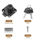 Lock Up Your Stash With This Heavy Duty Alloy Steel Drawer Lock 2 Pack Featuring Keyed Different Cylinders Built Tough For Quick Cabinet Security Install Black components including locks, keys, baffles, and screws.
