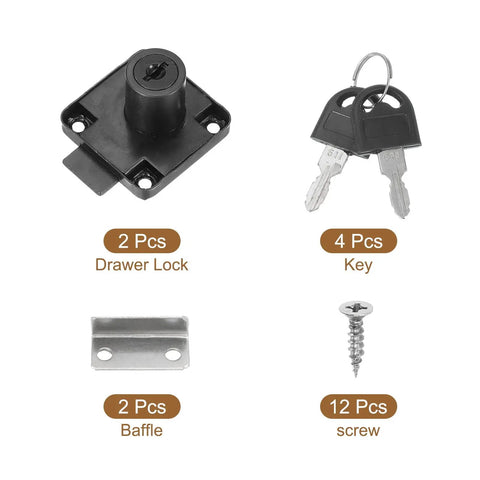 Lock Up Your Stash With This Heavy Duty Alloy Steel Drawer Lock 2 Pack Featuring Keyed Different Cylinders Built Tough For Quick Cabinet Security Install Black components including locks, keys, baffles, and screws.