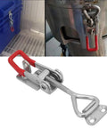 Heavy Duty Carbon Steel Toggle Latch Clamp With Quick Release Triangle Lever High Strength 4002 Action on a toolbox and metal container.