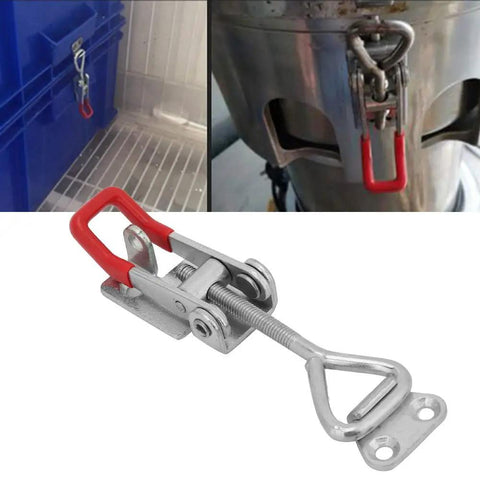 Heavy Duty Carbon Steel Toggle Latch Clamp With Quick Release Triangle Lever High Strength 4002 Action on a toolbox and metal container.