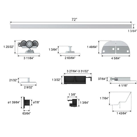 72 Inch Bifold Door Hardware Kit For 4 Doors With 18 Inch Panels Top mounted system dimensions and components layout.