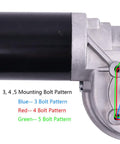 60 To 1 Gear Ratio Dump Truck Roll Tarp Motor 12V 600W Sealed Worm Gear With Chrome Cover Three Fourth Inch Output Shaft 76 RPM Five Hole Universal Mounting Pattern Plug And Play Ready For Easy Replacements showing bolt patterns.