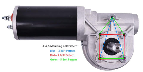 60 To 1 Gear Ratio Dump Truck Roll Tarp Motor 12V 600W Sealed Worm Gear With Chrome Cover Three Fourth Inch Output Shaft 76 RPM Five Hole Universal Mounting Pattern Plug And Play Ready For Easy Replacements showing bolt patterns.