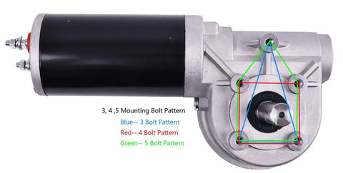 Professional Grade 1.5HP 900W 12V DC Tarp Motor Kit showcasing 3, 4, 5 bolt pattern details on the motor assembly.