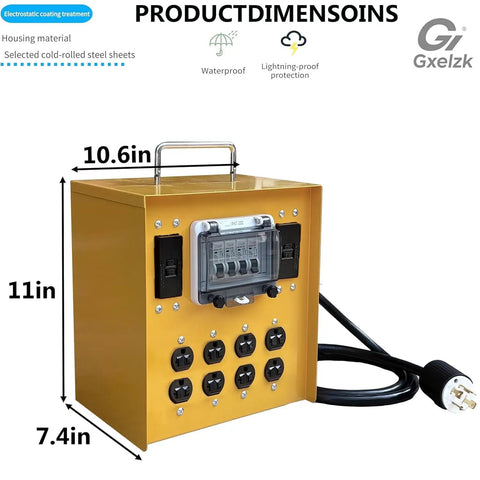 Heavy Duty 30A Temporary Power Distribution Box With L14-30P Input And Four GFCI 20A Duplex Outlets, steel construction, 11in height.