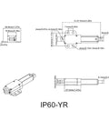 Technical diagram of Low Key Whisper Quiet 12V 100mm stroke electric push rod actuator for adjustable furniture; IP60-YR specifications.