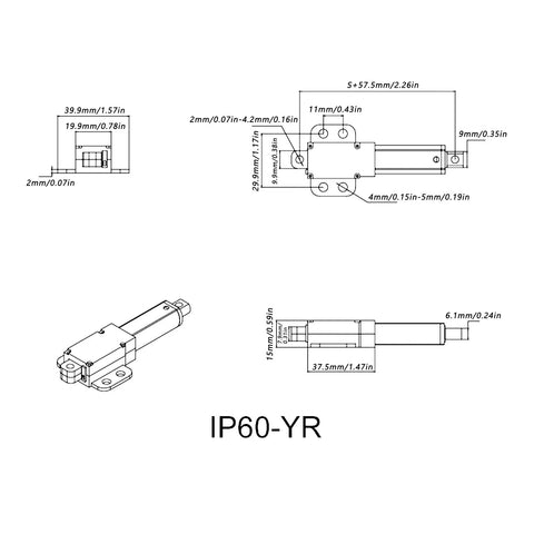 Technical drawing of Mini 4 Inch Stroke Linear Actuator 20N 12V DC Travel Speed 30 Millimeters Per Second Aluminum Tube Limit Switch