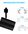 Diagram showing Flexible H Track Lighting Heads For Retail, 17.5W LED, matte black finish, compatible with H type track only.