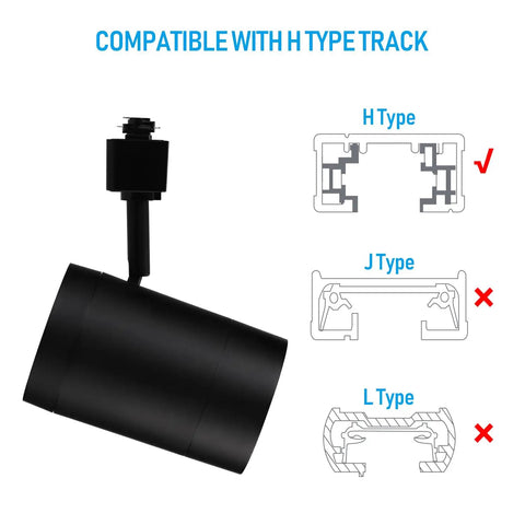 Diagram showing Flexible H Track Lighting Heads For Retail, 17.5W LED, matte black finish, compatible with H type track only.
