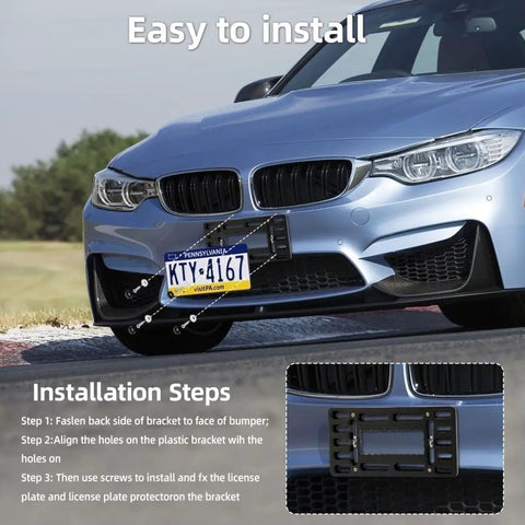 Car with No Drill Front License Plate Bracket Kit For Cars, SUVs, And Trucks, Universal Bumper Mount Frame installed.